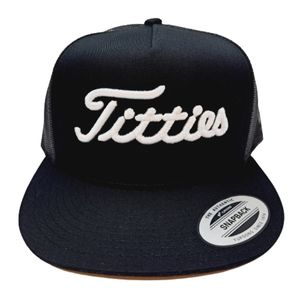 Titties Golf Puff Embroidered Flat Bill Trucker Mesh Snapback Hat Cap Bla…